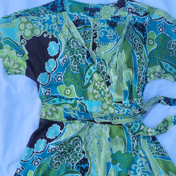 Banana Republic Silk Wrap Dress V-Neck Boho Floral Print Green Blue Womens  12 - Picture 6 of 16